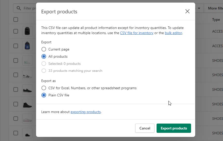 Export all products as CSV