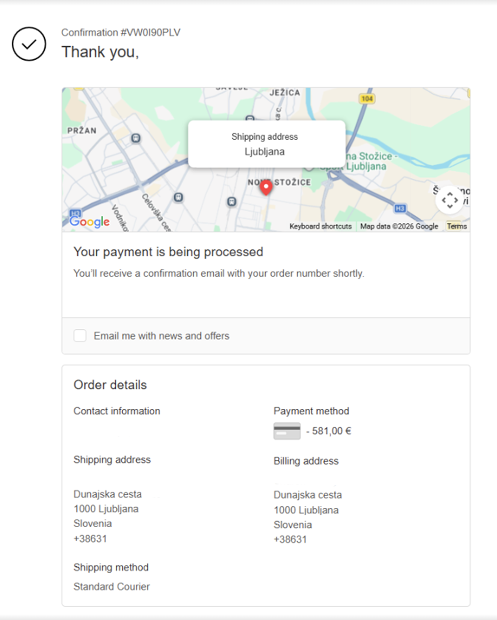 Shopify bank transfer order confirmation page showing bank account details