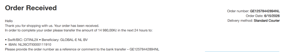 Classic bank transfer order confirmation page showing bank account details