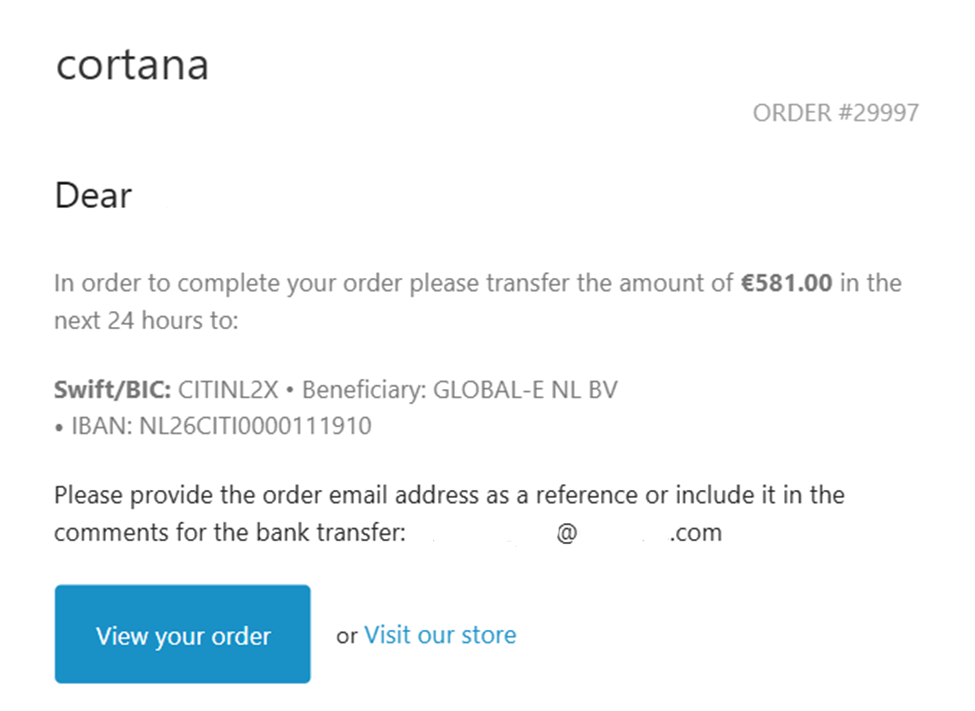 Shopify bank transfer confirmation email with bank account details